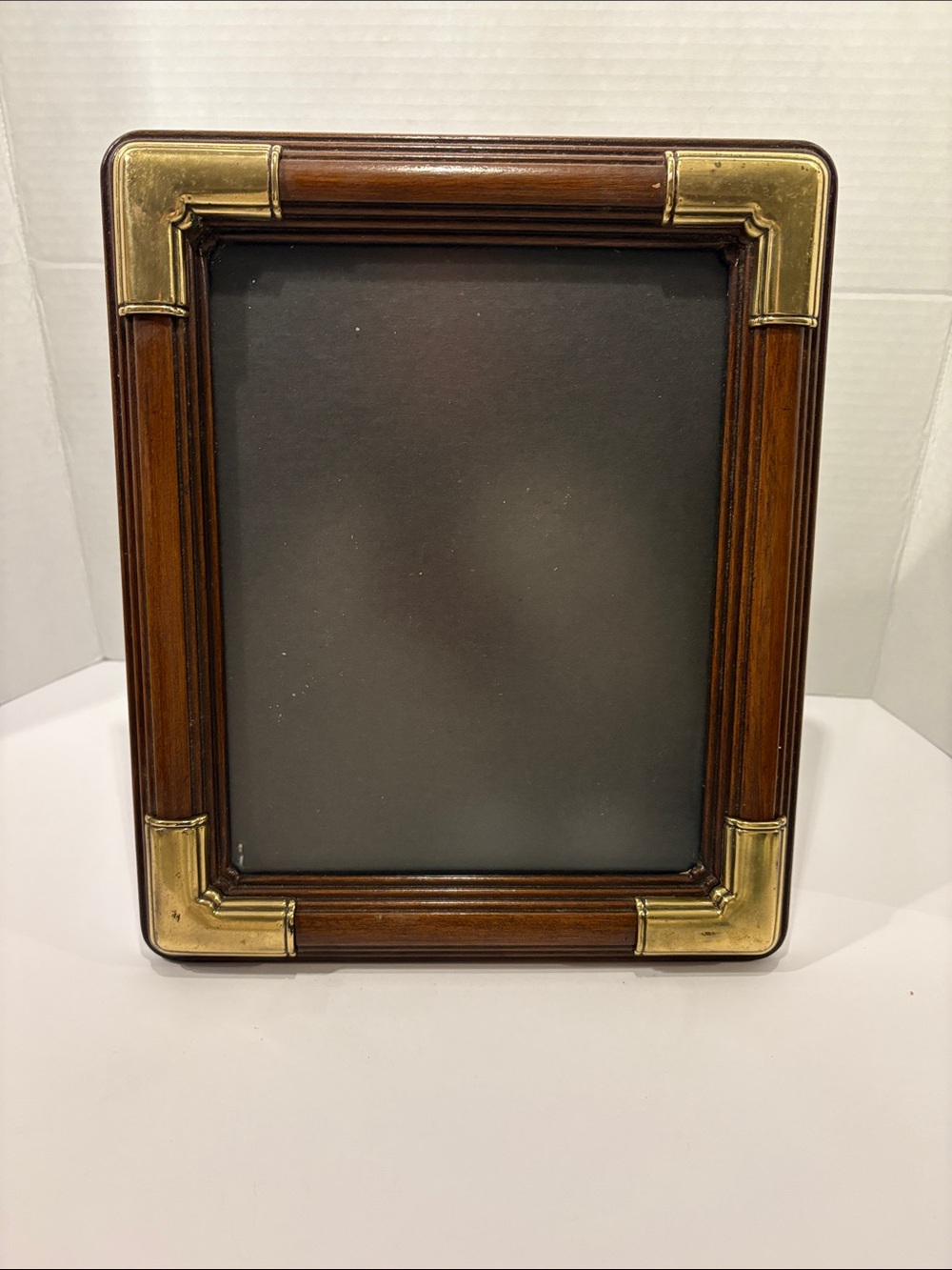 Vintage Mid Century Campaign Wood 8x10 Picture Frame Heavy Brass Corners